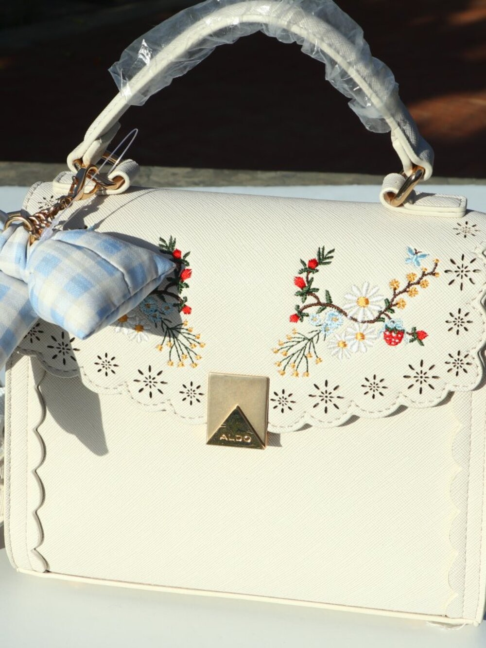 NWT ALDO Cream Floral Embellished Top-Handle Satchel